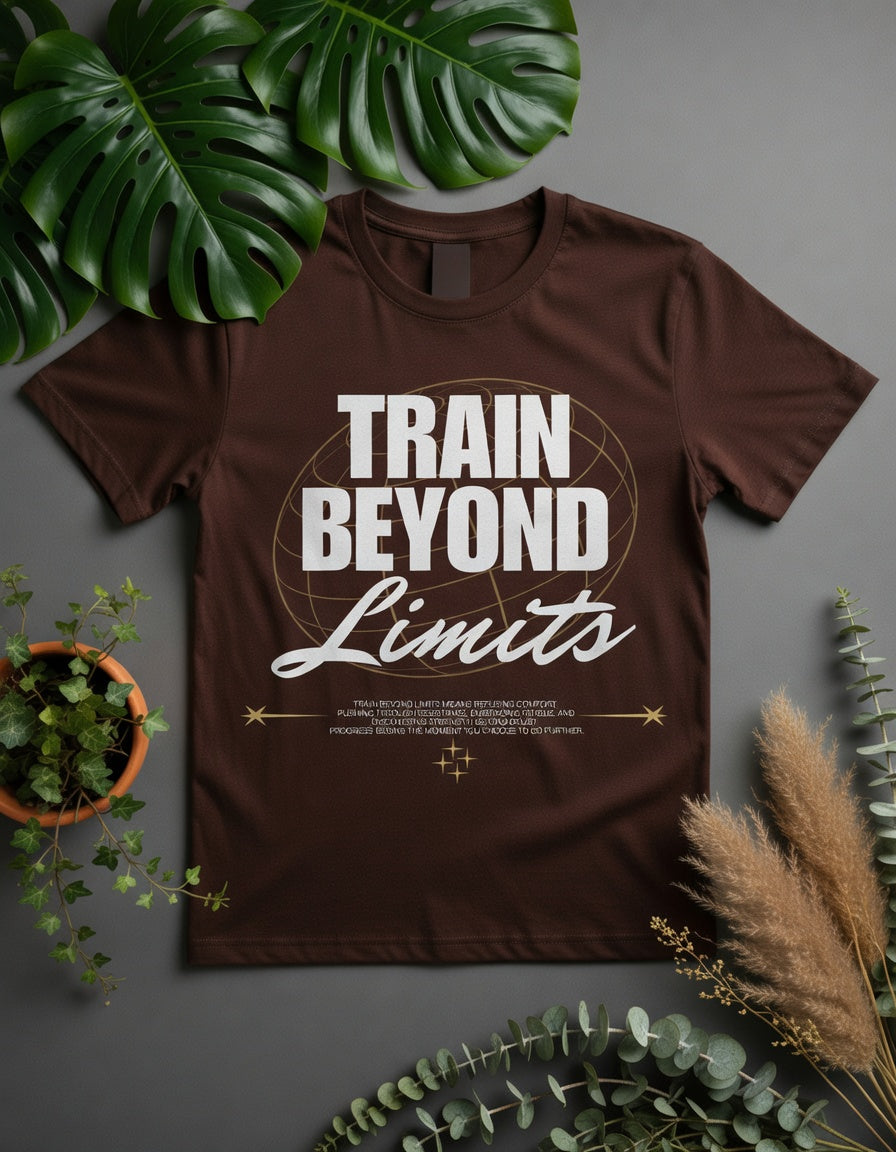 Train Beyond Limits" Inspirational Workout T-Shirt | Premium Brown Cotton Tee