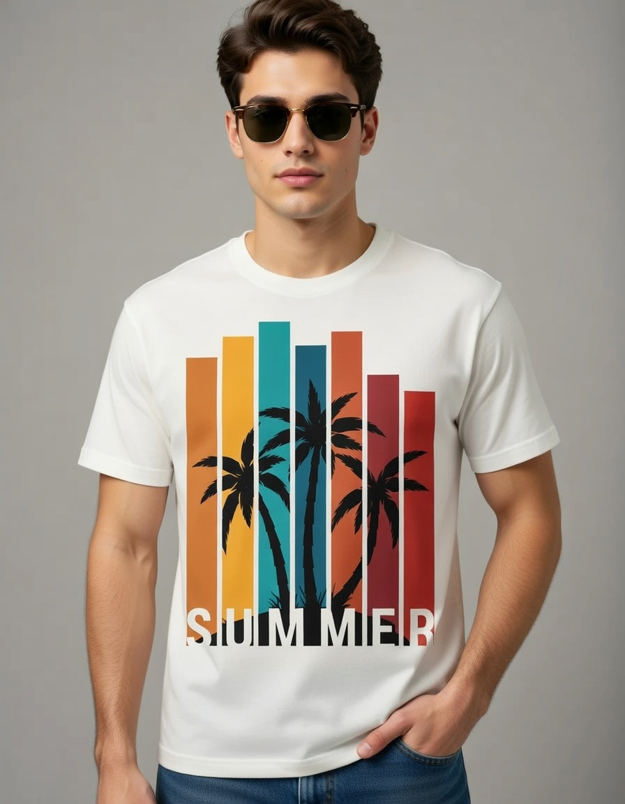 Summer Palm Retro Stripe Graphic Tee — Men's Casual Cotton T-Shirt