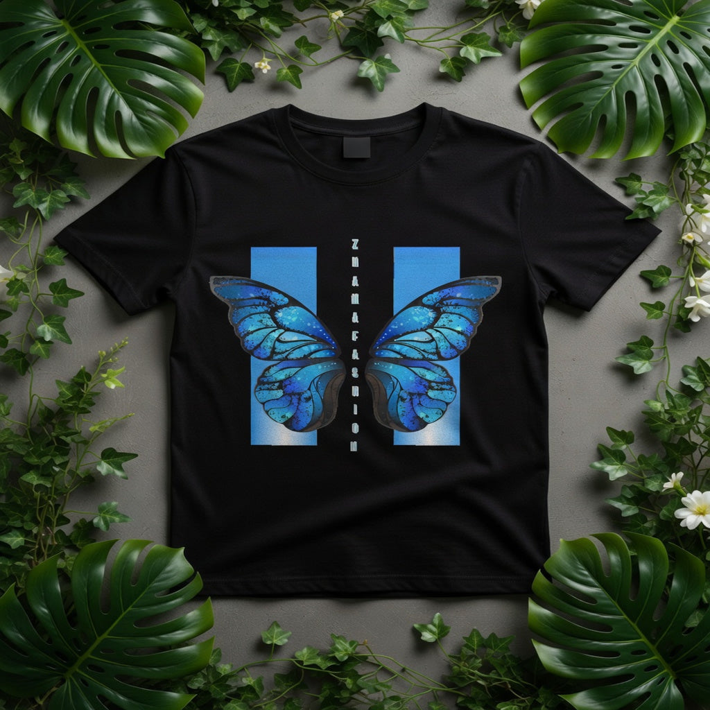 Blue Butterfly Galaxy T-Shirt | ZMAMA Fashion Black Graphic Tee for Men