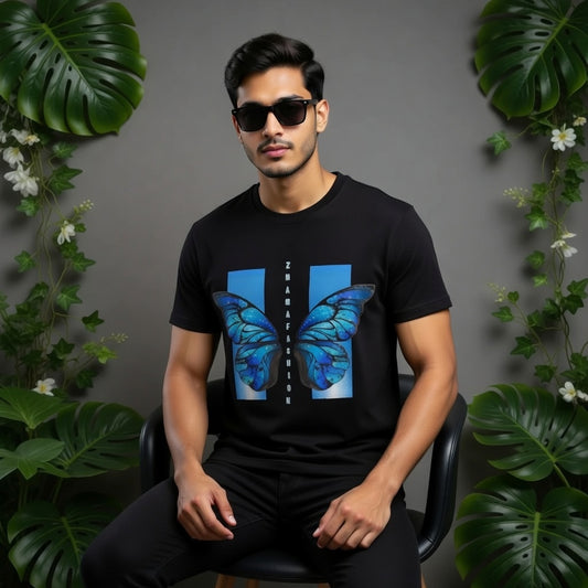 Blue Butterfly Galaxy T-Shirt | ZMAMA Fashion Black Graphic Tee for Men