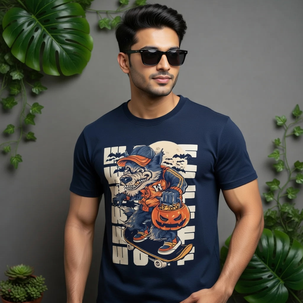 Retro Skater Werewolf Graphic Tee – Trick-or-Treat Halloween Navy BlueT-Shirt