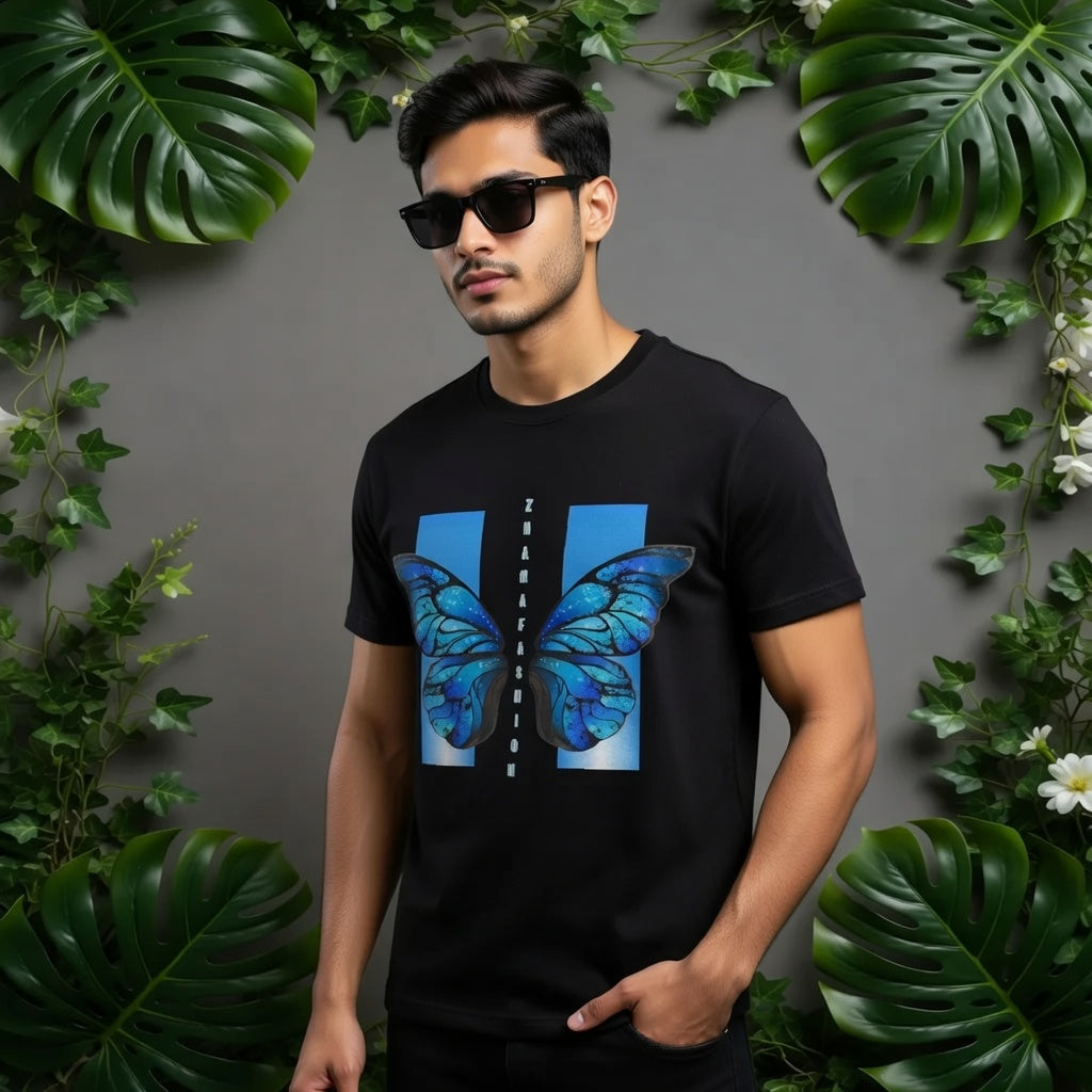 Blue Butterfly Galaxy T-Shirt | ZMAMA Fashion Black Graphic Tee for Men