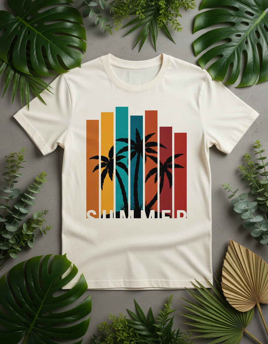 Summer Palm Retro Stripe Graphic Tee — Men's Casual Cotton T-Shirt