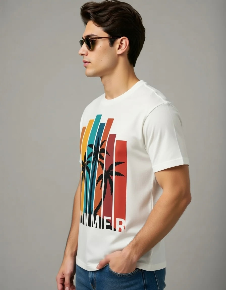 Summer Palm Retro Stripe Graphic Tee — Men's Casual Cotton T-Shirt