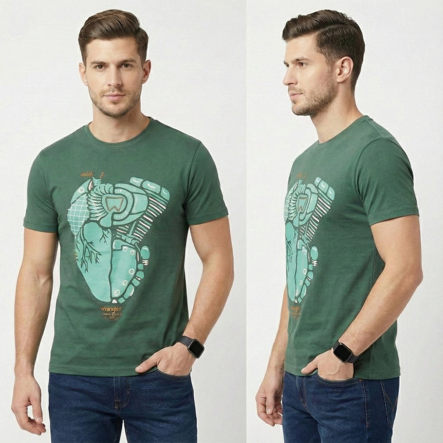 Wrangler Men’s Green Graphic T-Shirt | Artistic Heart Design Casual Tee