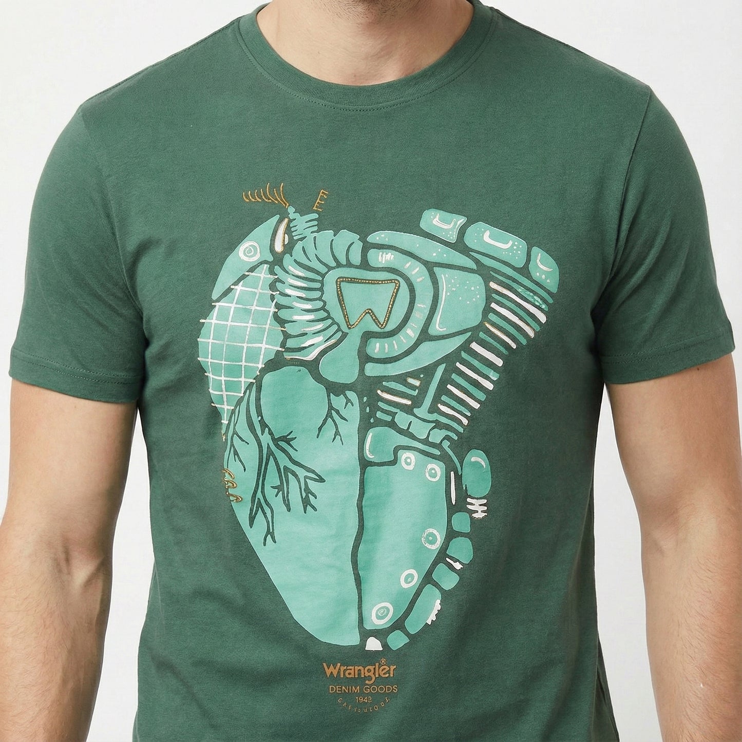 Wrangler Men’s Green Graphic T-Shirt | Artistic Heart Design Casual Tee