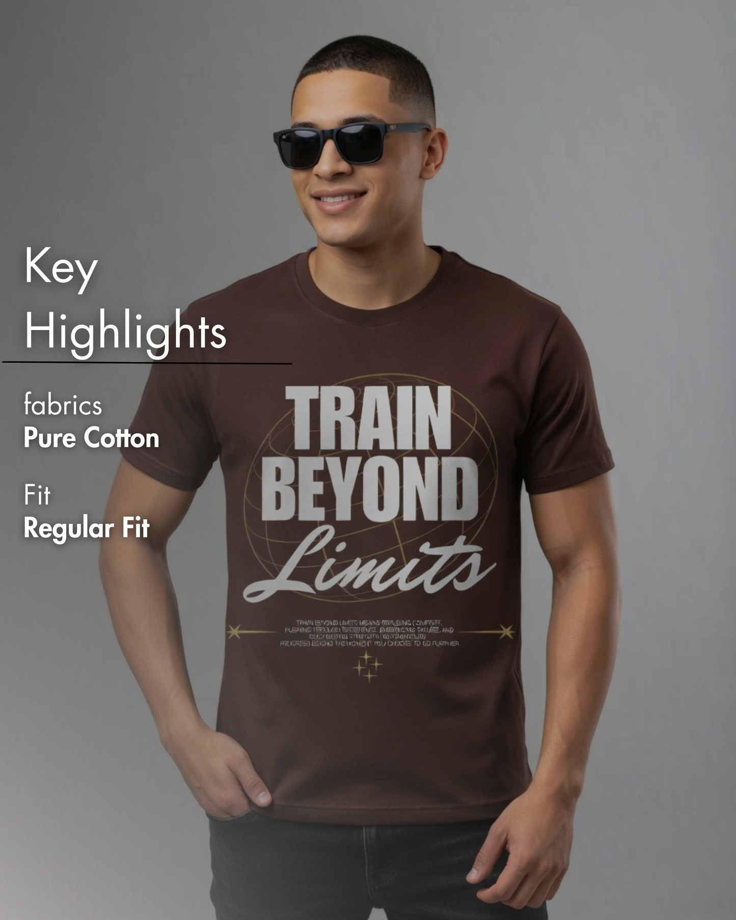 Train Beyond Limits" Inspirational Workout T-Shirt | Premium Brown Cotton Tee