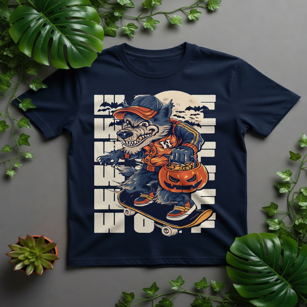 Retro Skater Werewolf Graphic Tee – Trick-or-Treat Halloween Navy BlueT-Shirt