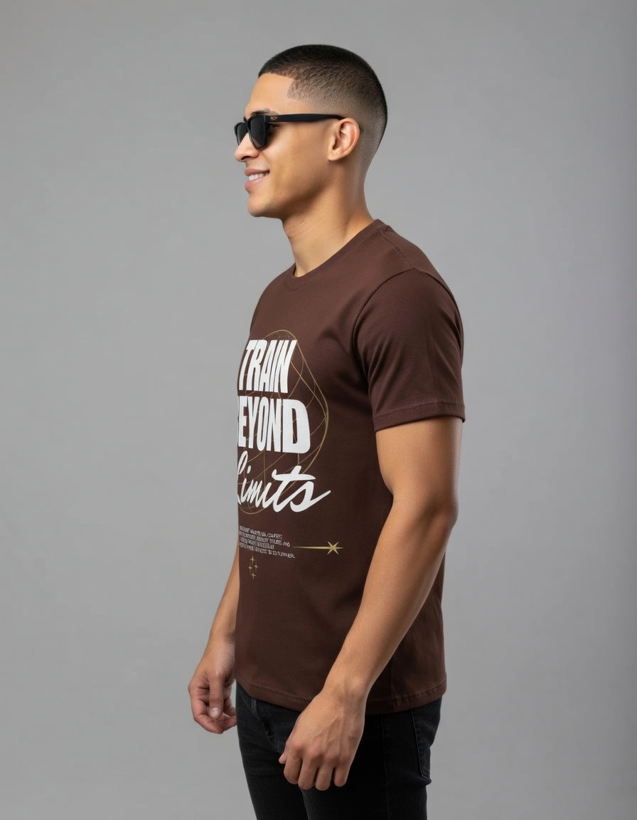 Train Beyond Limits" Inspirational Workout T-Shirt | Premium Brown Cotton Tee