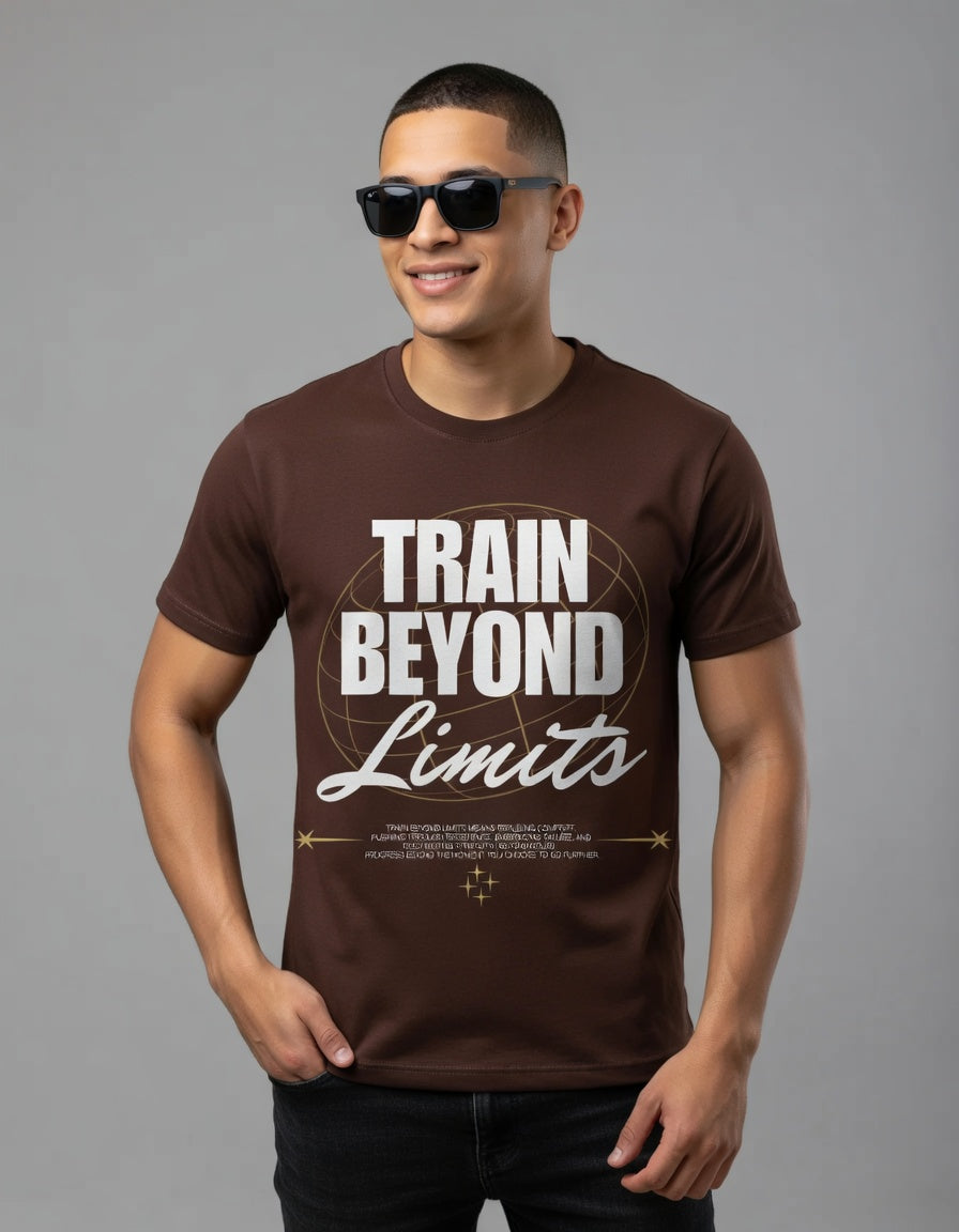 Train Beyond Limits" Inspirational Workout T-Shirt | Premium Brown Cotton Tee